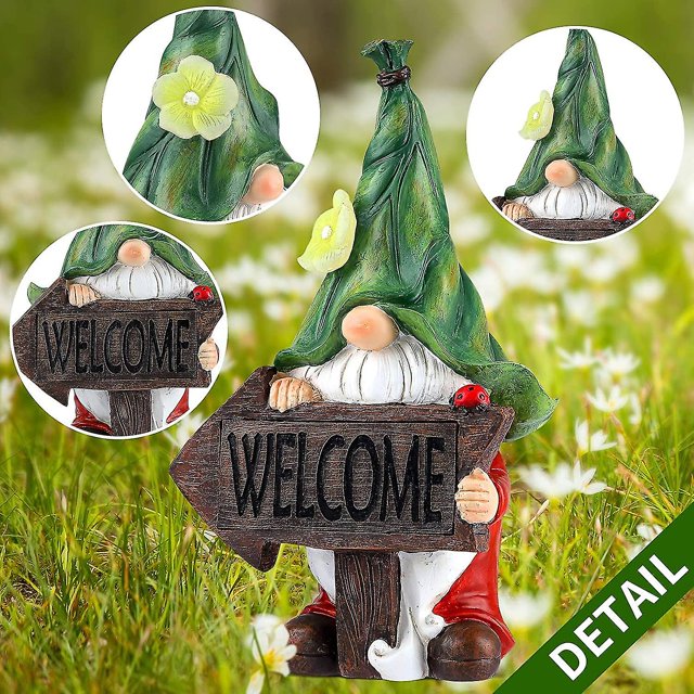 Estatua de gnomo de jardín, estatua de resina de bienvenida de sombrero verde con luces LED solares, figuritas de jardín para decoraciones de jardín de gnomos, LingWen 8390611081898