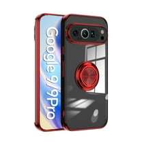 Compatible with Google Pixel 9 Pro XL Case Clear Shockproof Silicone Phone Cases with Ring Holder,[Supports Magnetic Car Mount] Magnetic 360 Rotation Kickstand Thin Soft TPU Protective Cover,Red