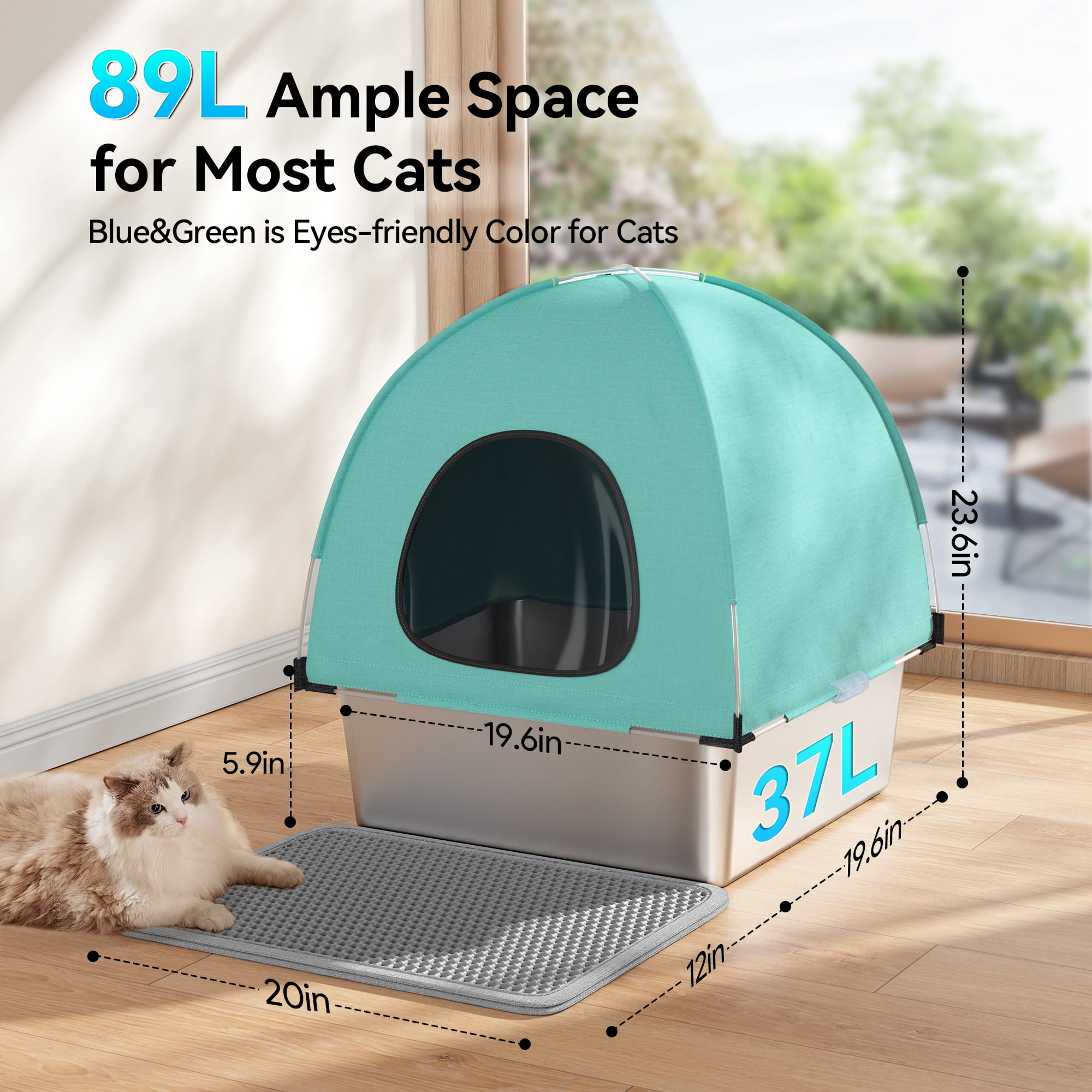 Stainless Steel Cat Litter Box with High-Sided Oxford Fabric Cover,Extra Large Square,Easy to Clean