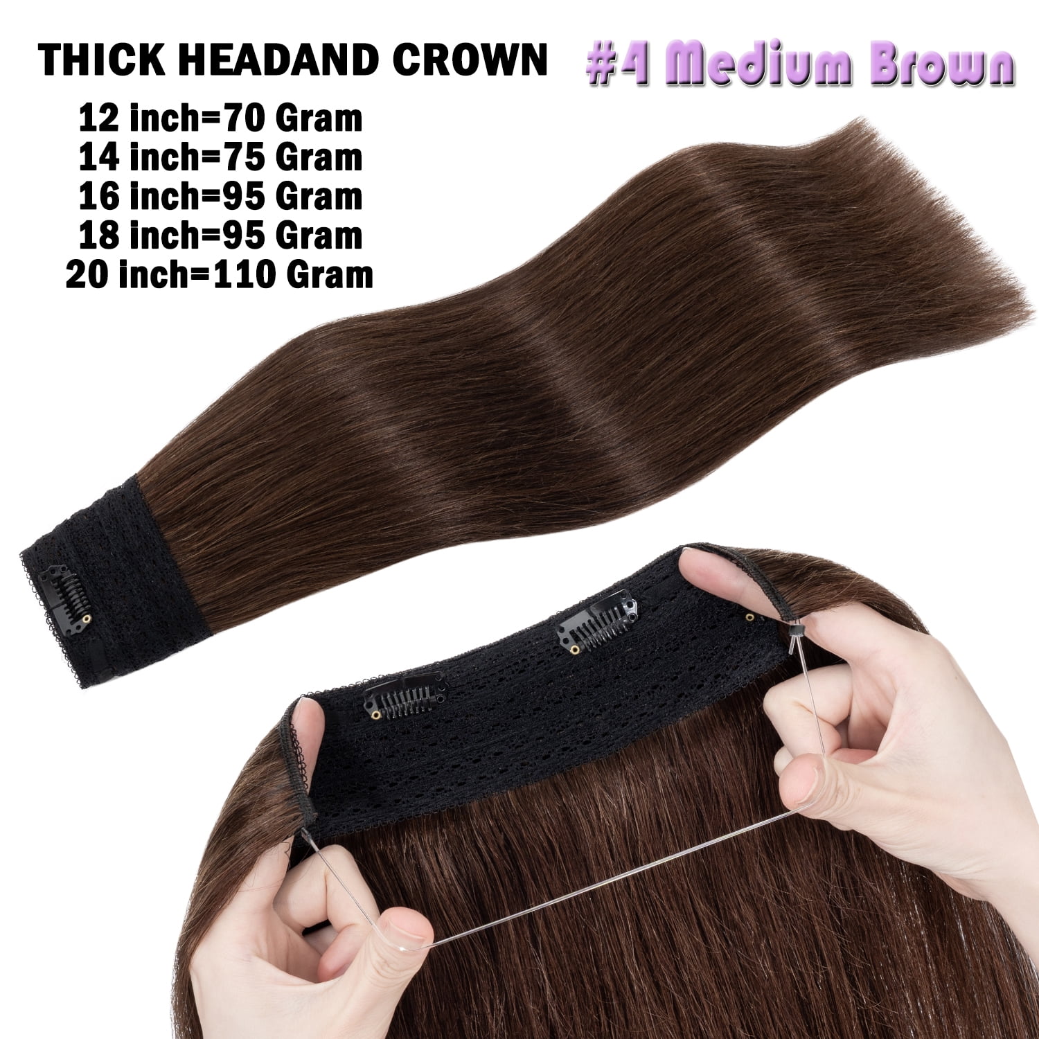 Hidden Secret Clip in Extensions Real Hair Wire in Weft One Piece THICK Human Hair Extensions Headband With 4 Clips Adjustable Brown