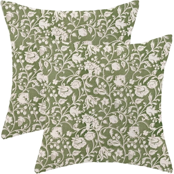 Sage Green Floral Throw Pillow Covers 18x18 Set of 2, Flower Print Linen Decorative Pillow Cover Neutral Vintage Decoration Outdoor Cushion Cover Floral Pillowcase for Sofa Couch Farmhouse Room