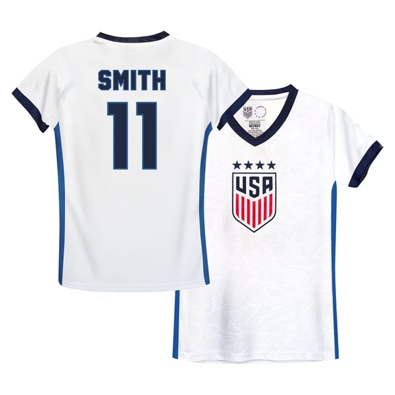 Icon Sports Official Licensed U.S. Soccer 4 Star USWNT Player’s Girl's Game Day Shirt Tee - Youth Soccer Gear - Smith, White, Blue, X-Large