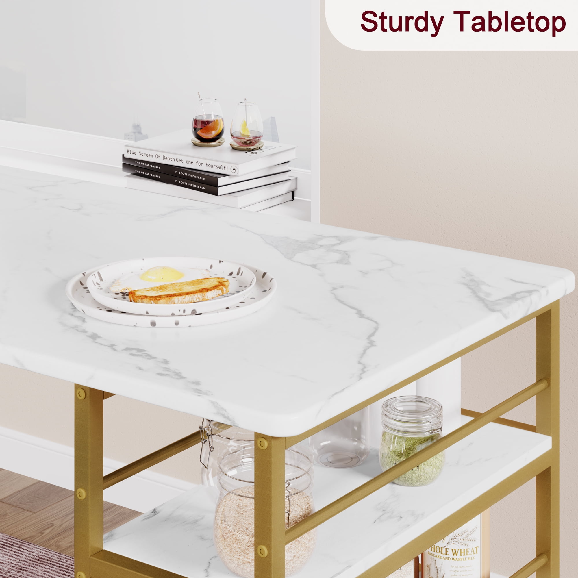 3 Piece Counter Height Dining Table Set for 2 with Velvet Upholstered Chairs and 3 Large Storage Shelves, Kitchen Bar Table Set for Small Space, Apartment, Gray Gold White