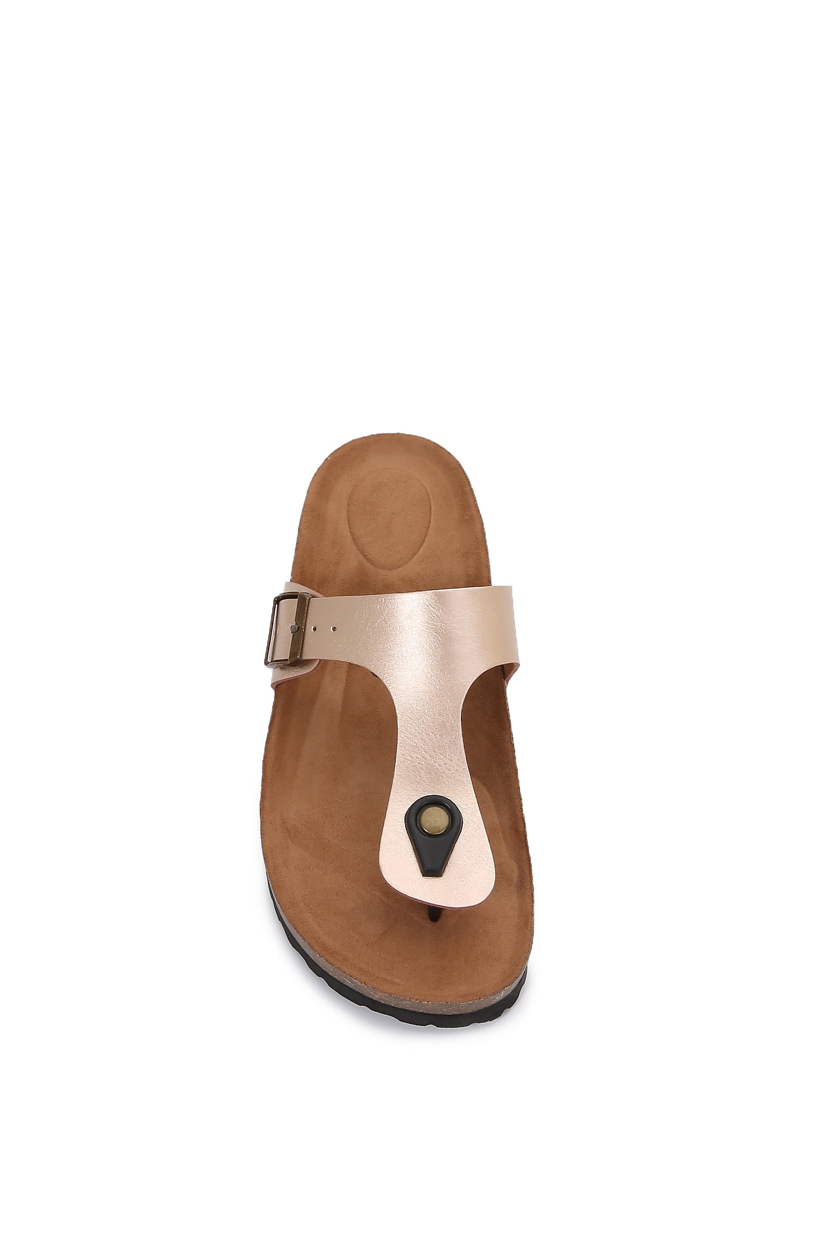 Women Soft Cork Footbed PU Leather Hook and Loop T Strap Flip Flops (PU Gold / 9 )