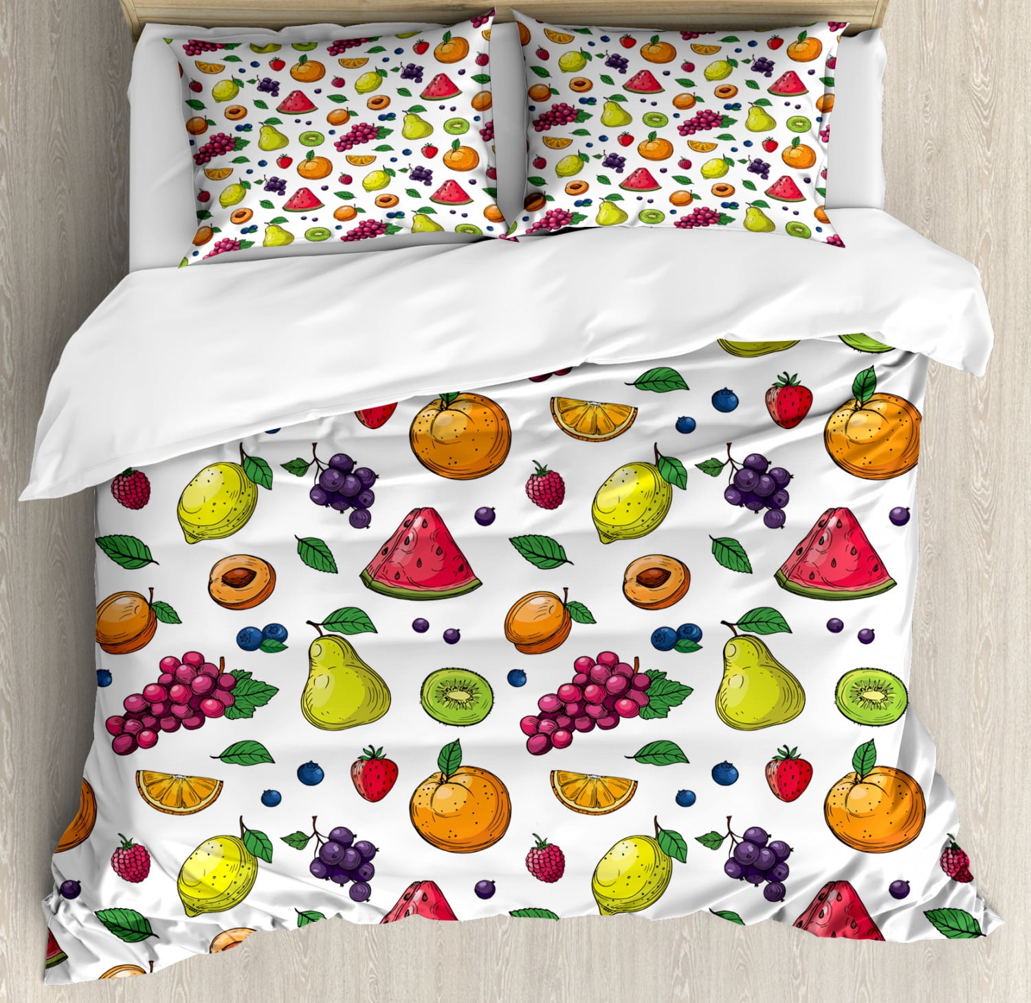 Fruits Duvet Cover Set Queen Size, Grapes Kiwi Orange Lemon Pear