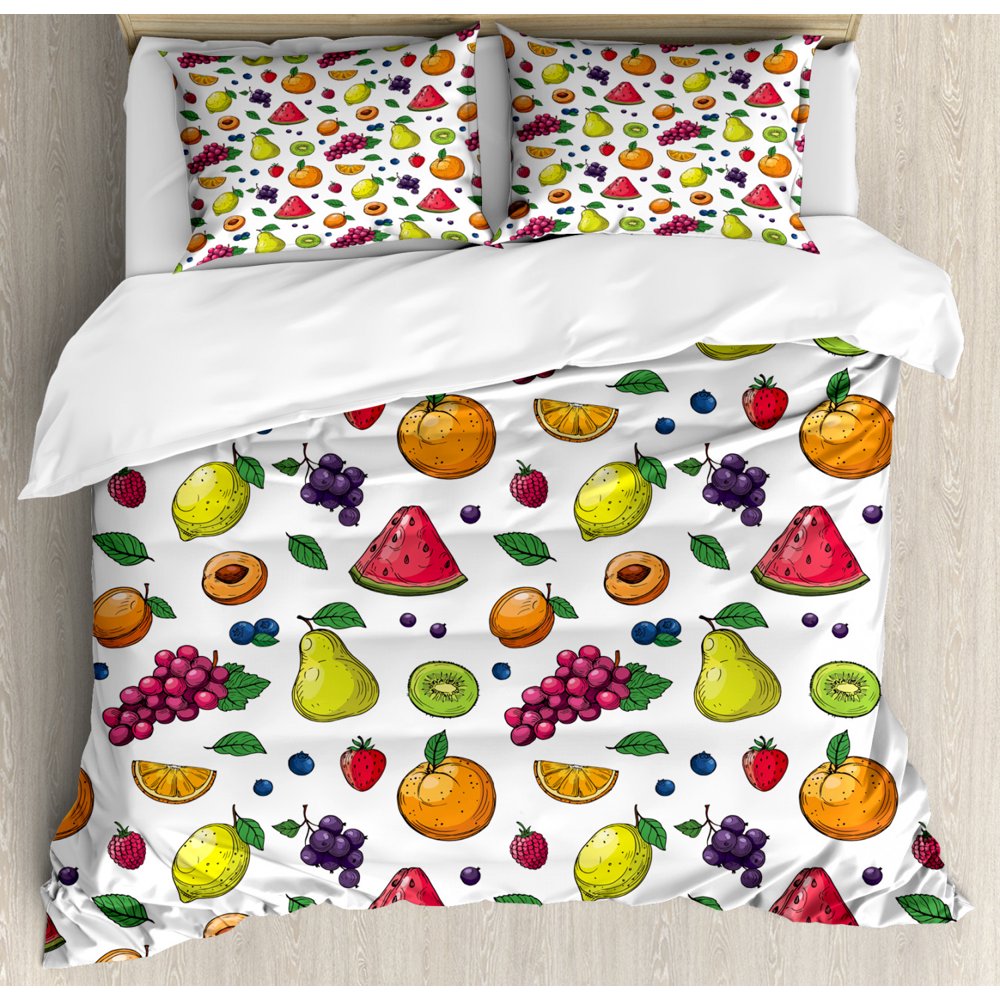 Fruits Duvet Cover Set, Grapes Kiwi Orange Lemon Pear Watermelon Slice