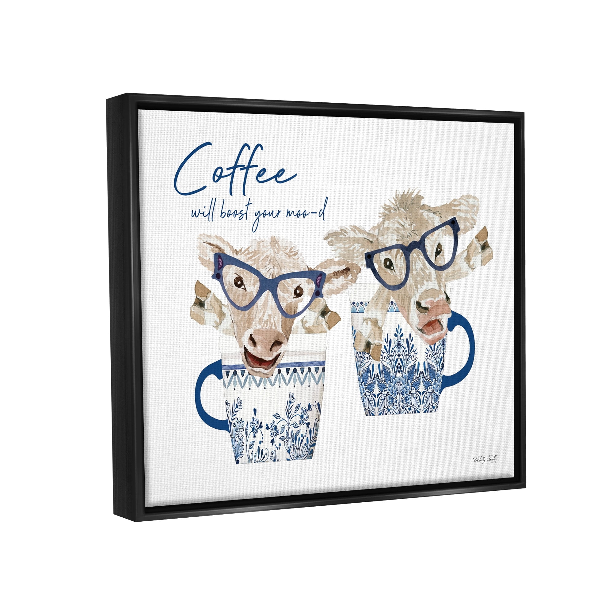 Stupell Industries Boost Your Moo-d Humorous Farmhouse Cow Coffee Mugs Graphic Art Jet Black Floating Framed Canvas Print Wall Art, Design by Cindy Jacobs