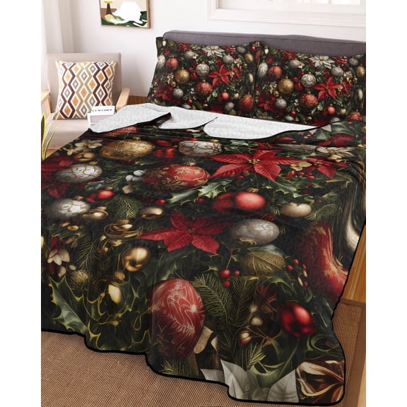 Christmas King Size Down Alternative Comforter, Lightweight Comforter Quilt Bedding Set with Pillow Shams Poinsettia Xmas Balls Snowflake All Seasons Bed Comforter Duvet Insert 96"x106"