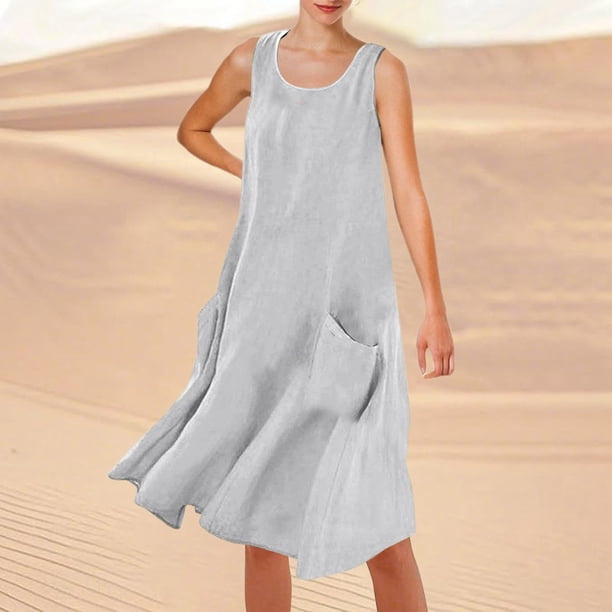 WILLBEST Vestido Lino Mujer Vestido Playero Informal De Verano De Color Liso Sin Mangas Hasta La Rodilla Con Cuello Redondo Y Bolsillos Para Vacaciones, Viajes Y Uso Diario