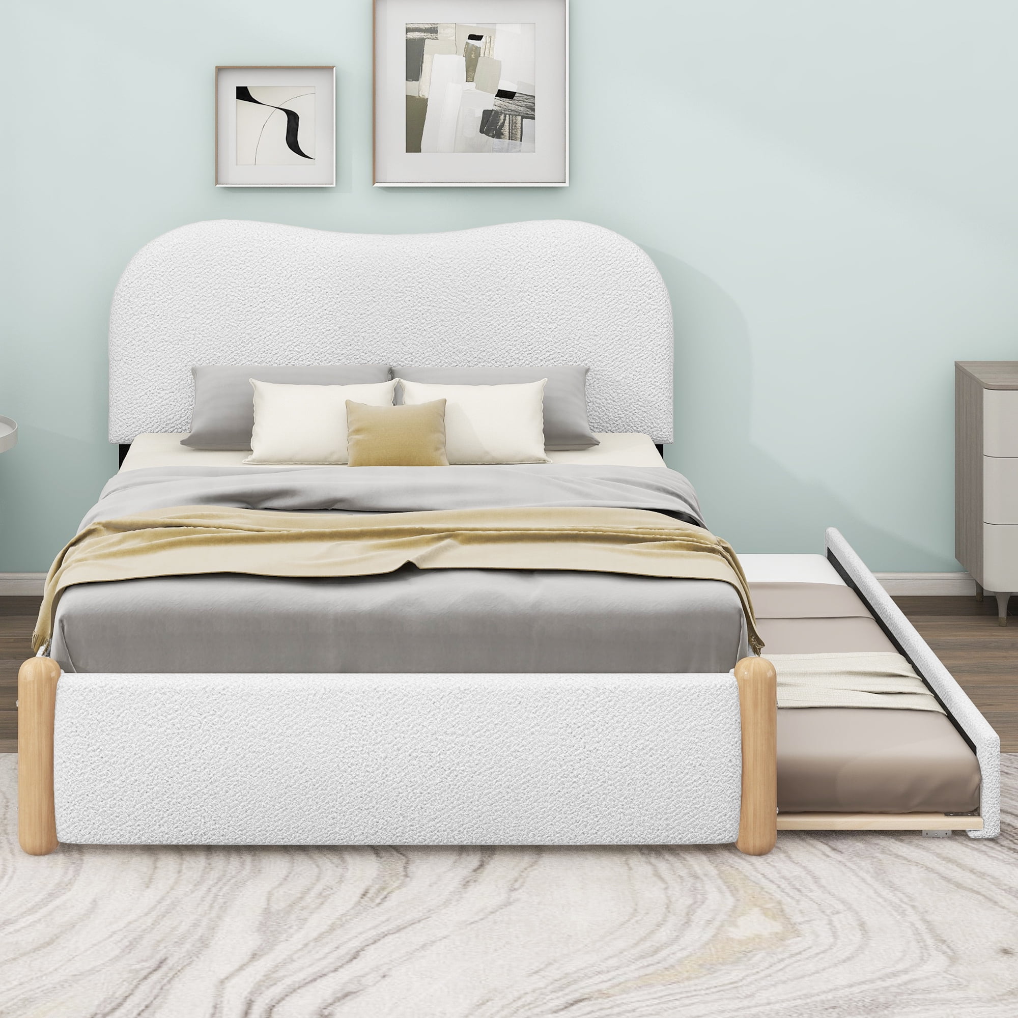 Euroco Full Classic Upholstery Platform Beds for Kids Teens, White