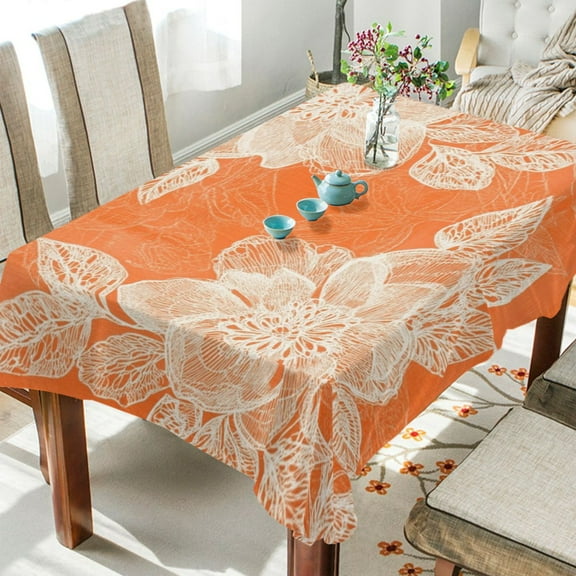 WOBOGO Peach Lace Pattern on Orange Background Square Tablecloth 54×54in Polyester Fabric Tablecloth Washable Dust Resistant Wrinkle Resistant