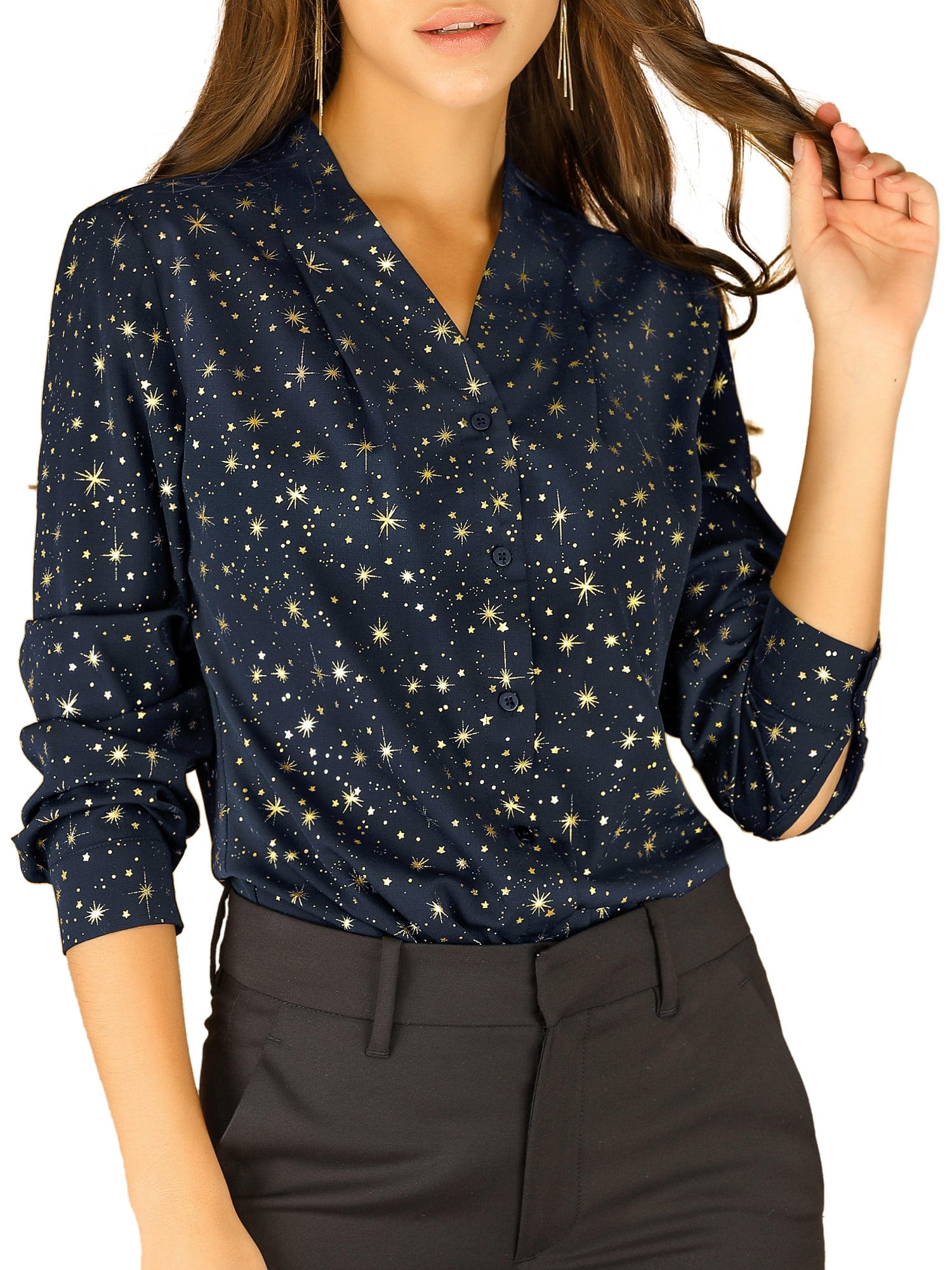 DARING DIVA Stand Collar Metallic Dots Stars Blouse Top M Dark Blue