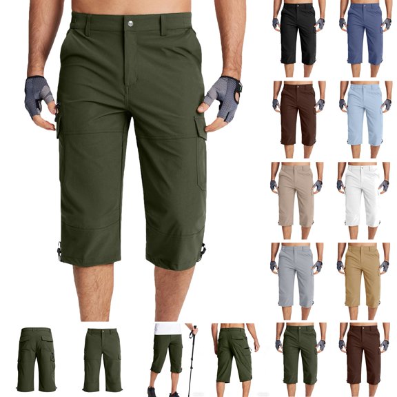 UVEASISHA Long Cargo Shorts for Men Fashion Multi Pocket Capri Pants Lightweight Casual Hiking Capris Straight Leg Cropped Work Trousers Khaki L