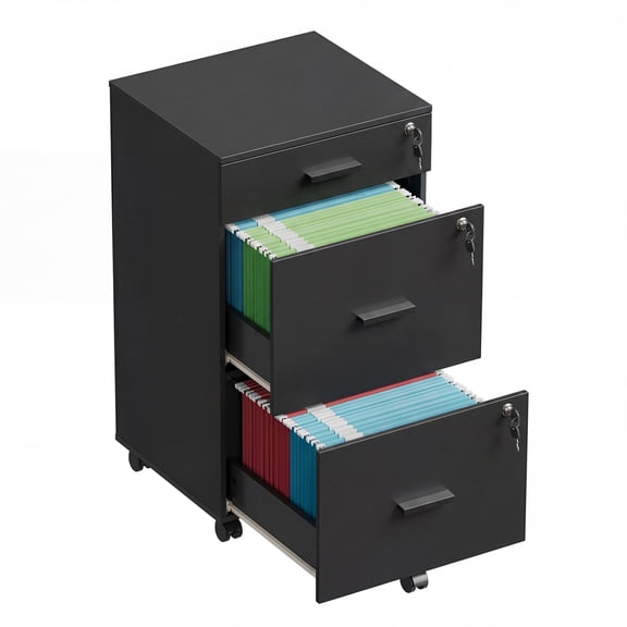 GALAXHERO Filing Cabinet with Lock and Key, 3 Drawer Rolling File Cabinet, Wood File Cabinet for Home Office, Fits Letter/A4 Size, Black
