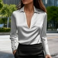thumbnail image 2 of Womens Satin Blouse Deep V Neck Long Sleeve Tops Turn Down Collar Shirt Solid Color Dressy Casual Blouses Camisa Elegante Para Mujer, 2 of 9