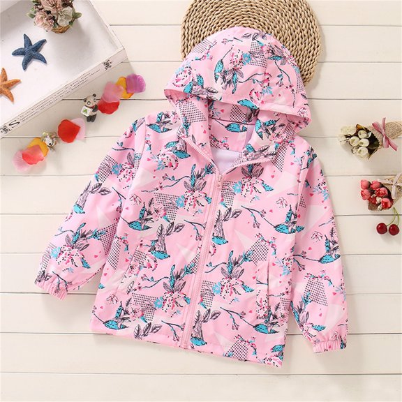 Jackets for Girls Windproof Waterproof Pocket Zipper Hooded Long Sleeve Graphic Print Storm Suit for Outdoor Wear Pink