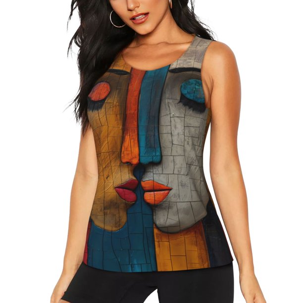 Fotbe Abstract Colorful Duality Blusas Sin Mangas para Mujer – Estilo Casual, Corte Suelto, Slim-Fit, Cuello Redondo Deportivo, Tops de Verano para Gimnasio y Yoga-Large
