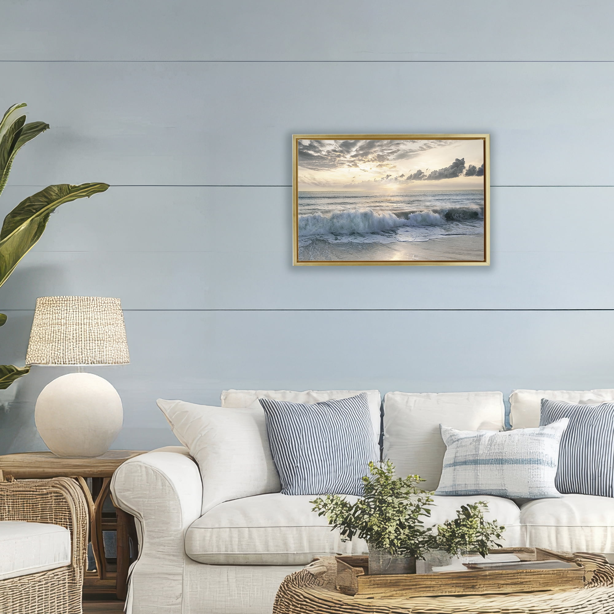 Stupell Industries Sunset Foam Along Shoreline Gold Framed Floater Canvas Wall Art, design by Mike Calascibetta