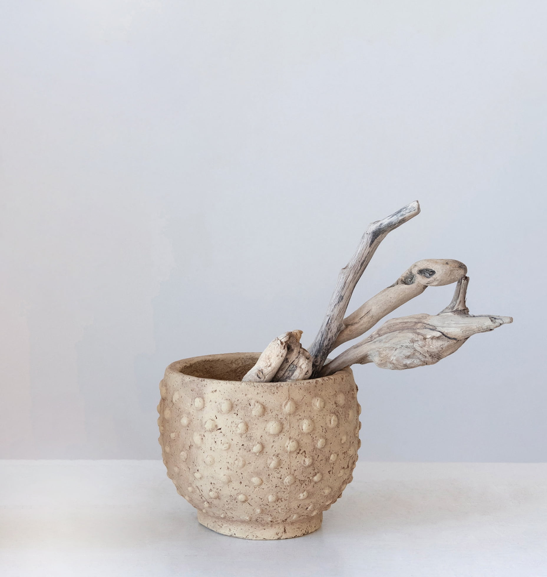 Creative Co-Op Round Sandstone Hobnail Planter with Distressed Finish, Greige