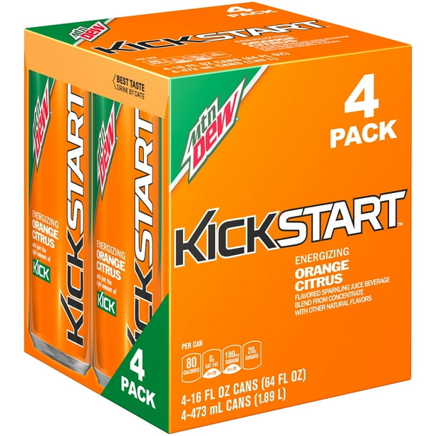 Mountain Dew Kickstart Orange Citrus Energizing Juice 16 oz, 4 Pack Can