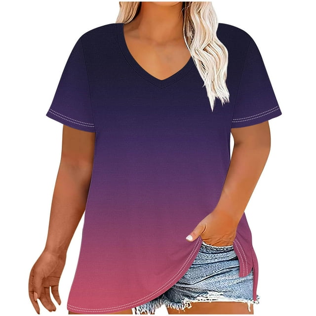 ameIAEA Plus Size Tops for Women Short Sleeve V Neck Loose Tees Gradient Color Side Slit Shirts