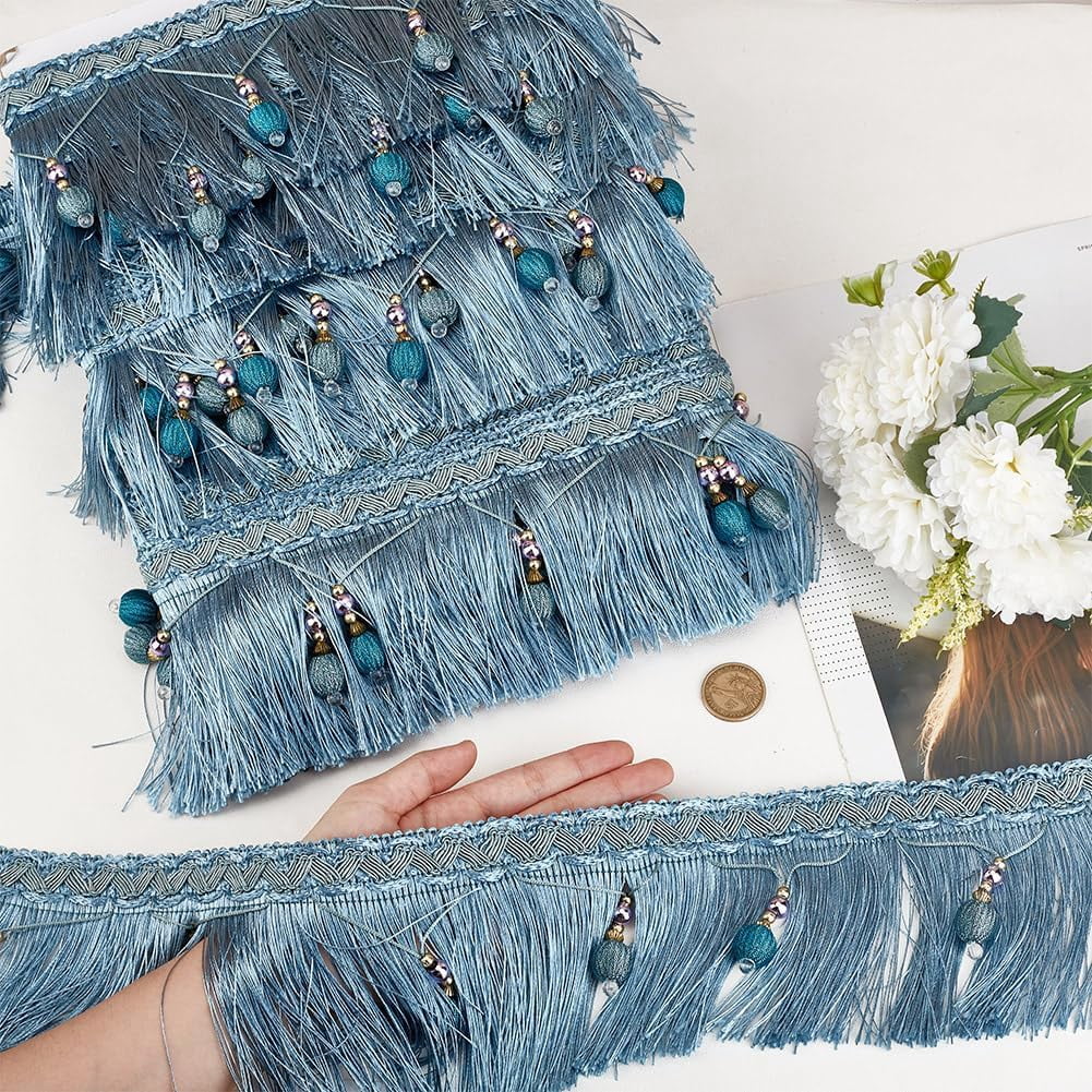 6m/6.6 Yards Hanging Beads Fringe Trim 4.4 Inch Wide Beaded Tassel Lace Sky Blue Bead Fringe Ribbon Hanging Ball Fringe Trim Ribbon for DIY Crafts Clothing Curtain Table Home Decor