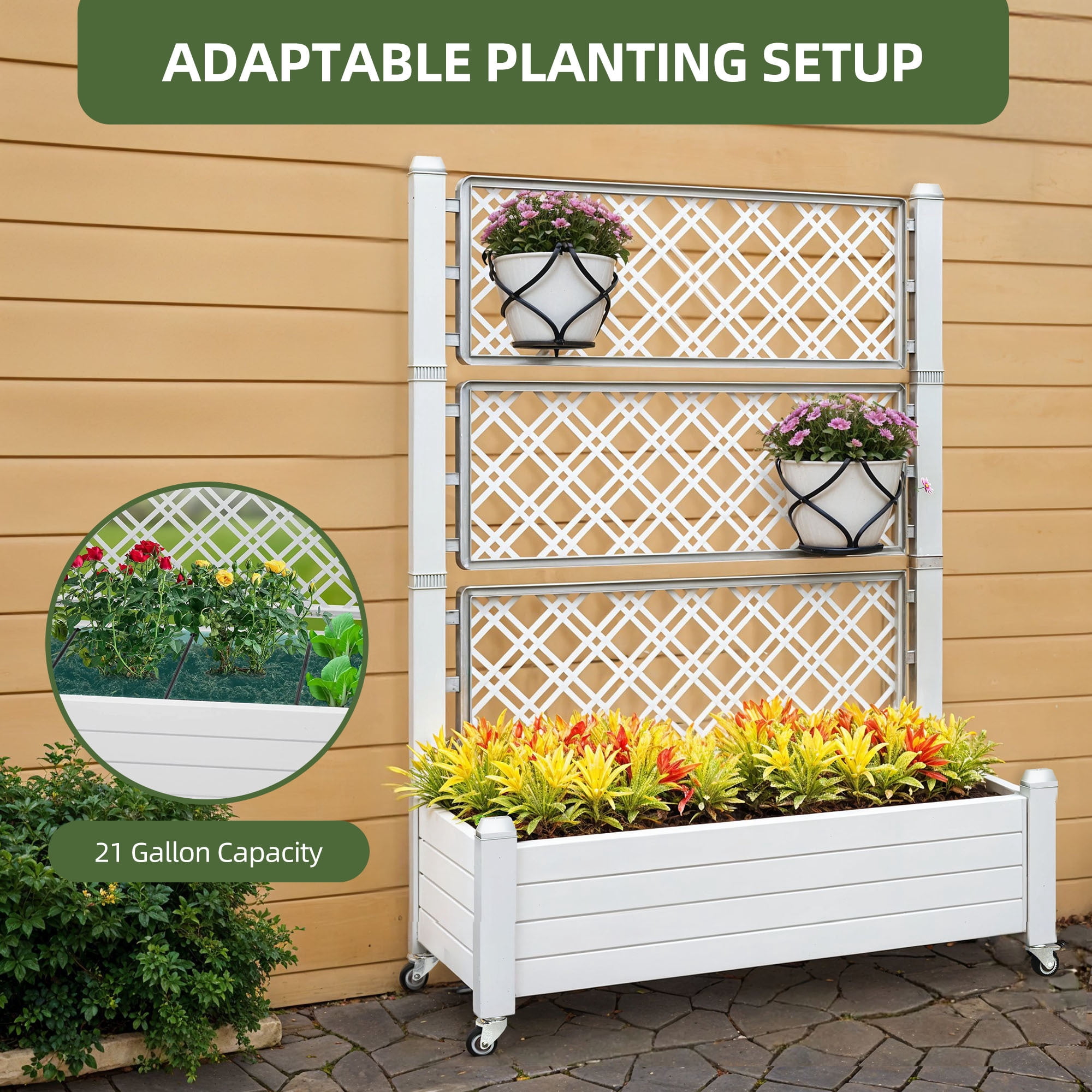 Uforic 3.6 x 1.5 x 5 FT Raised Garden Bed with Trellis, Large Outdoor Planter Box on Wheels for Patio, Grayish-White for Climbing Plants Vegetables