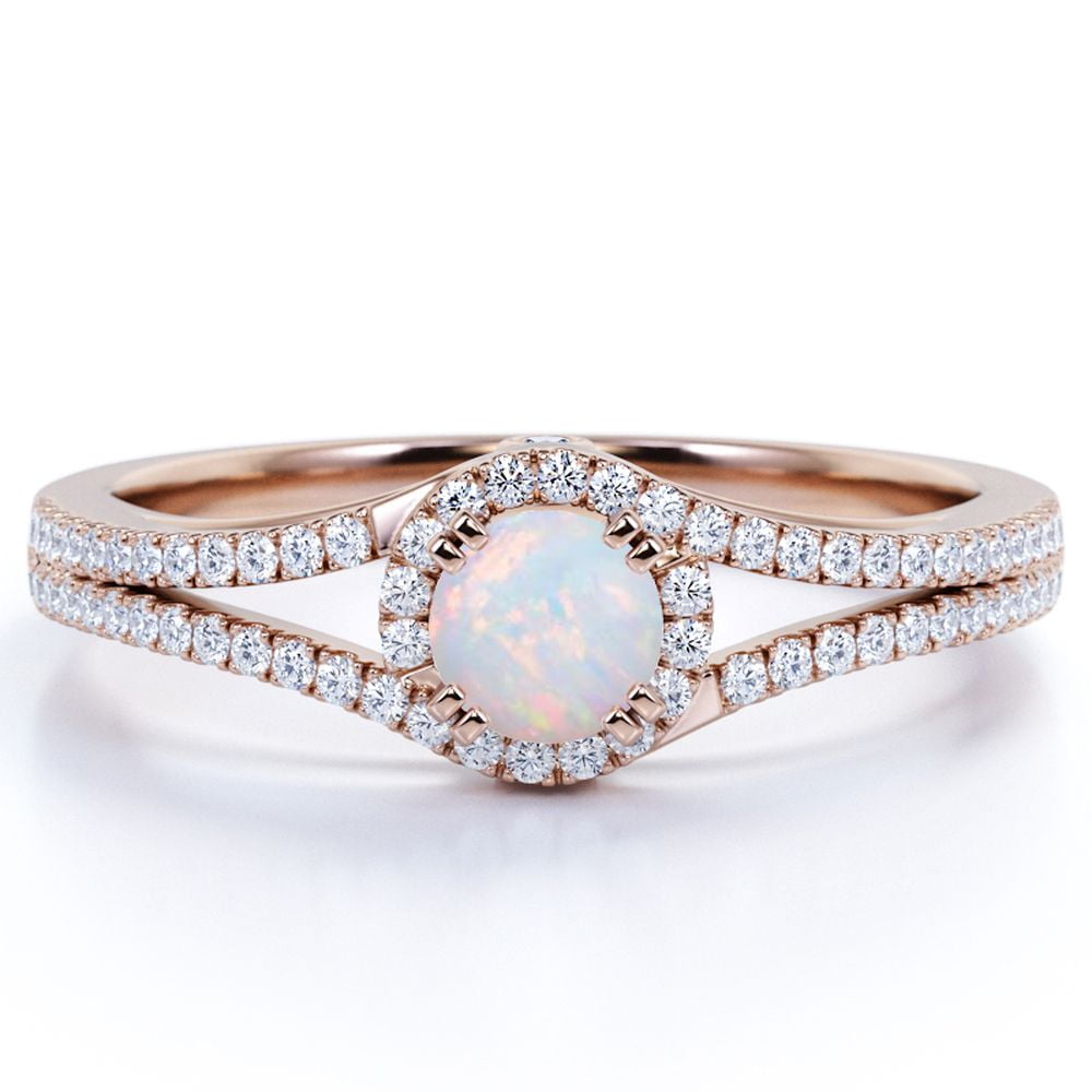 JeenMata Vintage .83 ct Round Blue Opal and Moissanite Birthstone Promise Ring in 18K Rose Gold over Silver