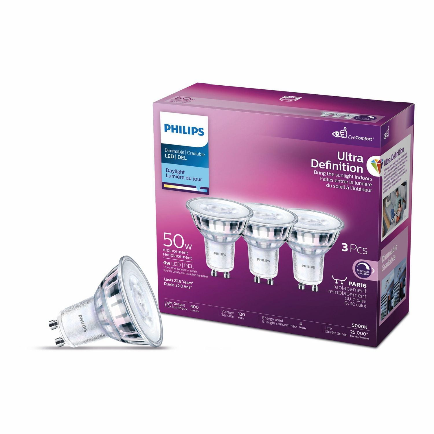 Ampoule LED PHILIPS 4 W (50 W) à culot GU10, lumière du jour, ultra-définition, à intensité variable - Lot de 3
