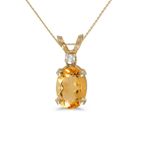 14k Yellow Gold Oval Citrine And Diamond Pendant with 18" Chain
