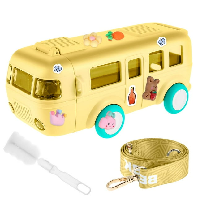Bus Shape Water Cup with Straw Removable Bus Water Bottle with Shoulder Strap Leakproof Bus Bottle Cup Kids Cartoon Water Bottle