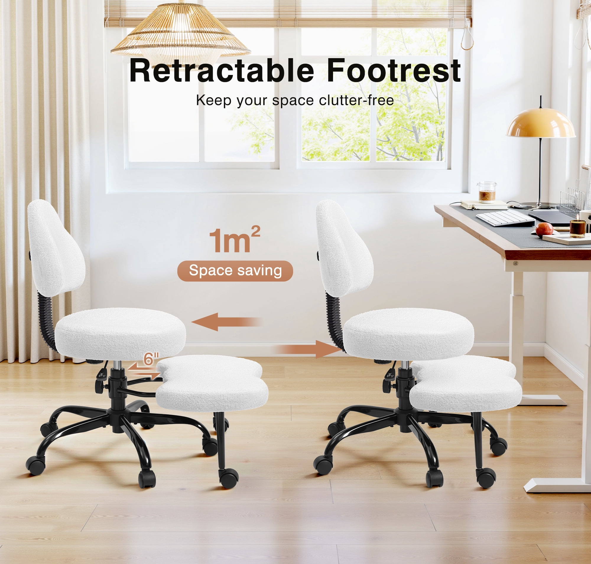 Primy Cross Legged Swivel Chair, ADHD Meditation Yoga Chair, Ergonomic Kneeling Chair for Adults with Wide Seat, 360° Swivel Retractable Footrest, Adjustable Height and Teddy Fabric, White