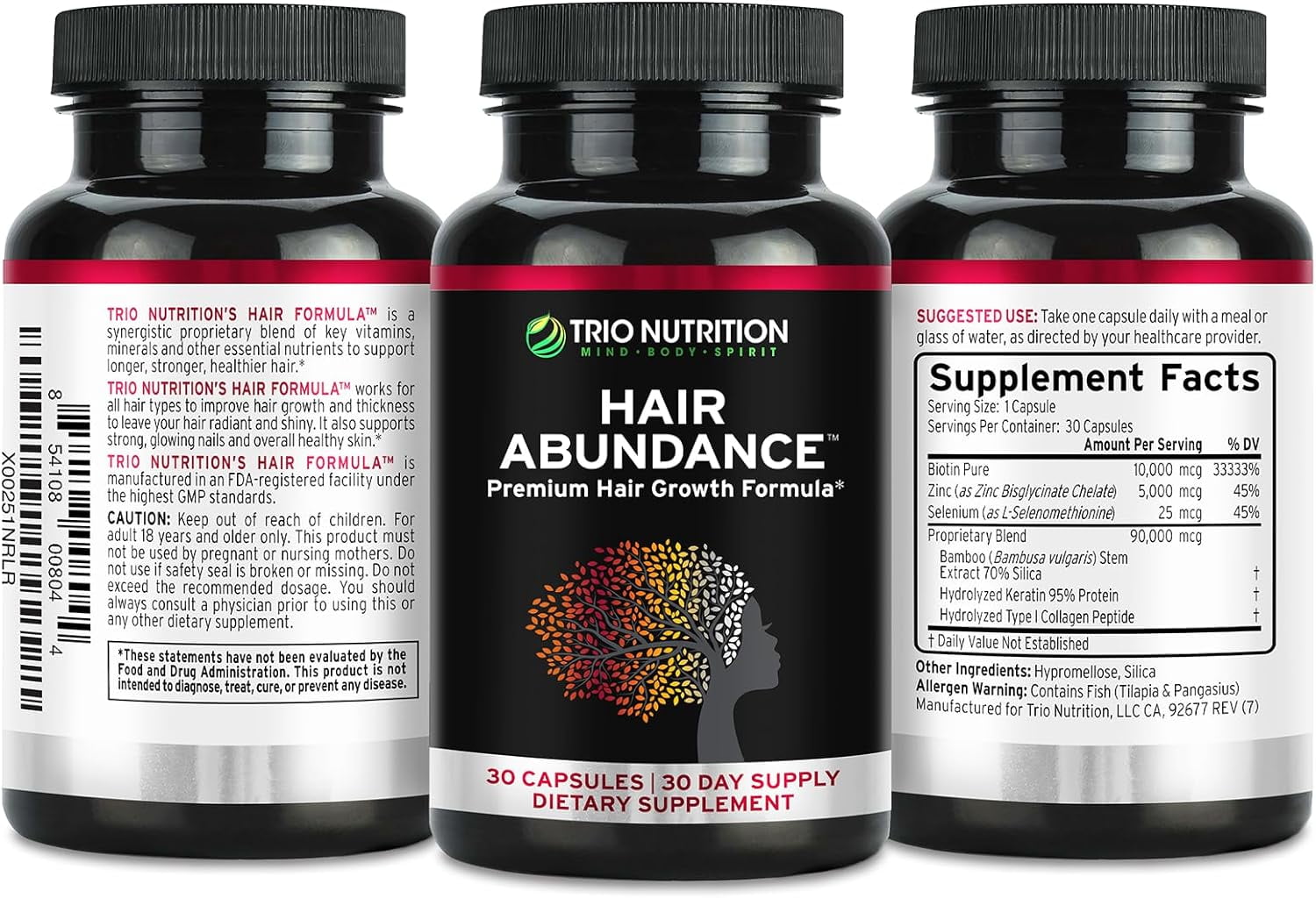 TRIO NUTRITION Biotin Hair Abundance | Hair Growth Vitamins for Hair, Skin & Nails | Biotin 10000mcg | Boosted with Collagen for Women & Men |Powerful Zinc & Selenium | Hair supplement*