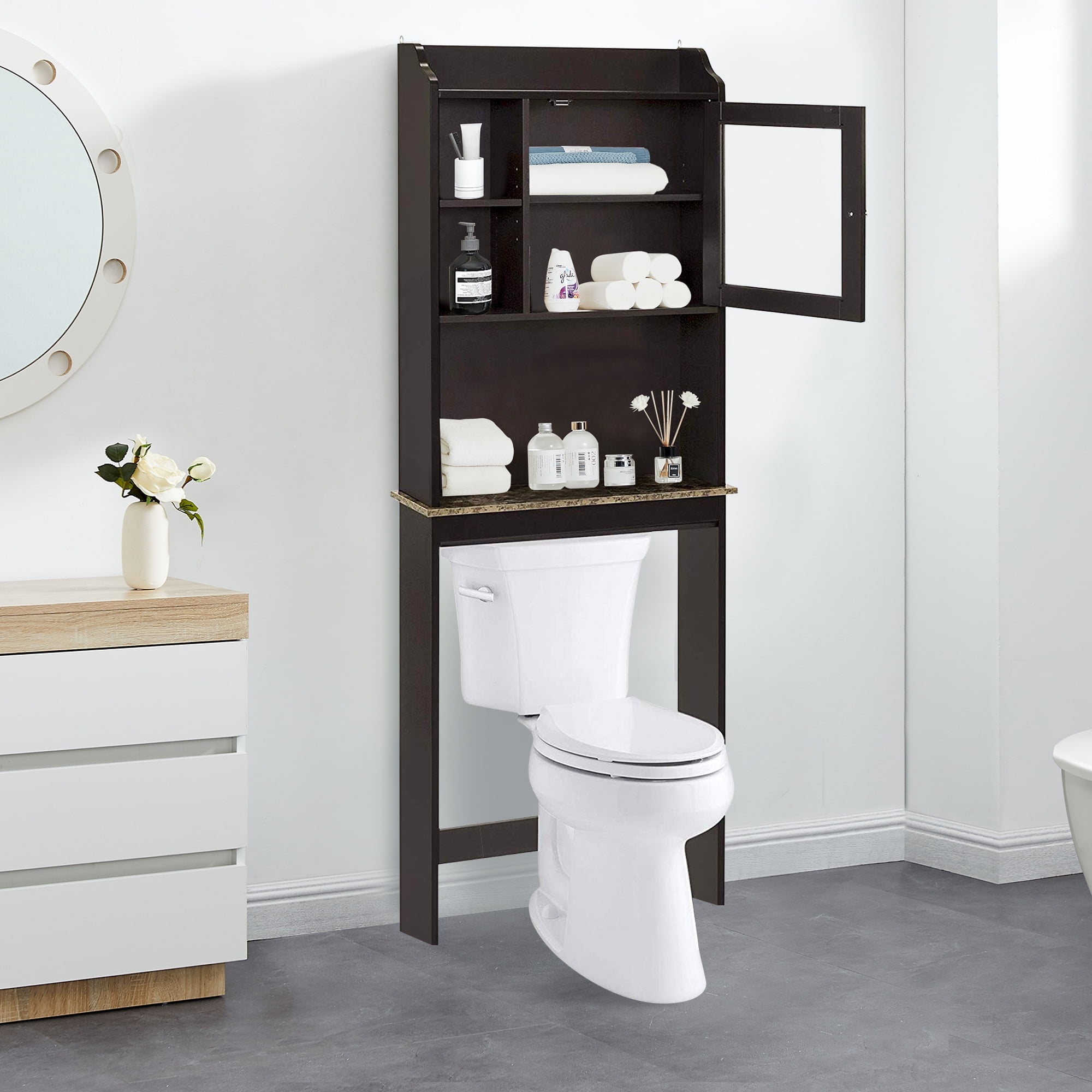 PAPROOS Over the Toilet Storage Cabinet, Bathroom Space Saver Organizer above Toilet with Adjustable Shelf and Door, Espresso
