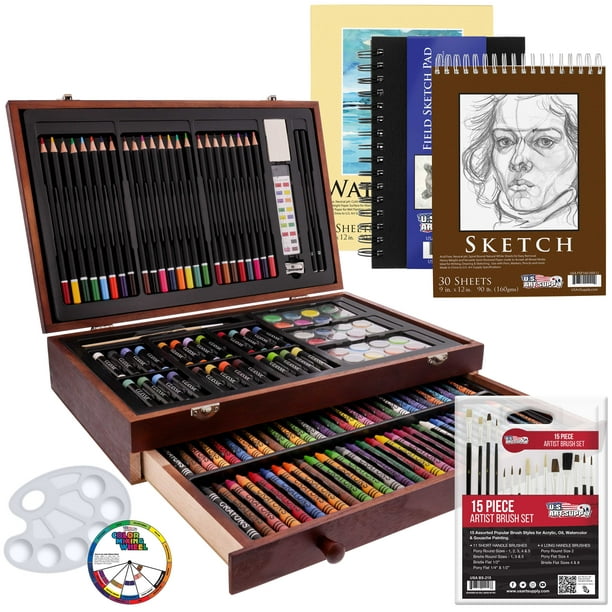 U.s. Art Supply 162-Piece Deluxe Mega Wood Box Art Painting And Drawing Set - Artist Painting Pad, 2 Sketch Pads, 24 Watercolor Paint Colors, 24 Oil Pastels, 24 Colored Pencils, 60 Crayons, 2 Brushes - Walmart.com