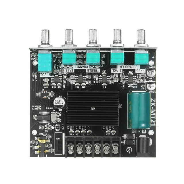 Módulo amplificador Bluetooth 5.0 de 2.1 canales ZK-MT21 con carcasa - Potencia de salida hasta 100W, ideal para proyectos DIY de altavoces. Compatible con AUX y entrada BT, regulación de