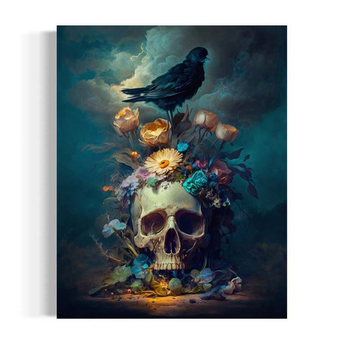 Nature Morte Vanitas, Skull With Flowers and Raven Art Print, Dark Academia Decor, Gothic Antique Floral Skull RD316 Unframed Paper Print