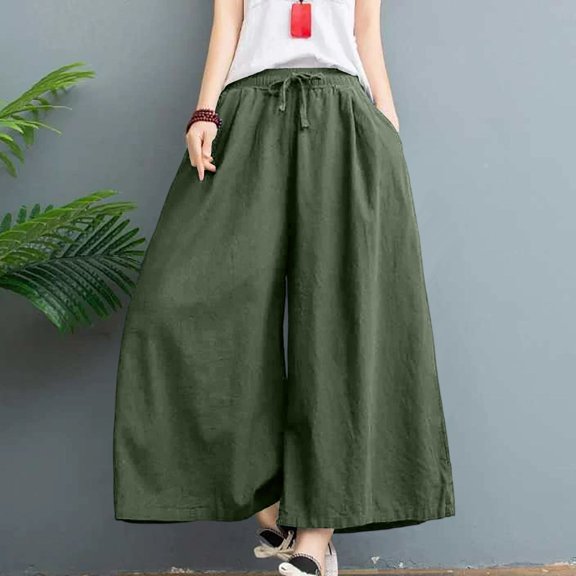WIZUTIZ Women's Ice Silk Wide Leg Cropped Pants High Waist Elastic Band Lightweight Breathable Summer Trousers Solid Color Flowy Chic Soft