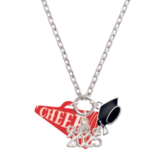 Delight Jewelry Acrylic 1.25" Red Cheer Megaphone - Silver-tone Class of 2025 Graduation Zoey Necklace, 28"