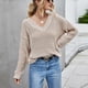 thumbnail image 2 of Jersey de punto con cuello en V para mujer, manga larga, color puro, transpirable, corto, suelto, para otoño e invierno, color albaricoque L, 2 of 6
