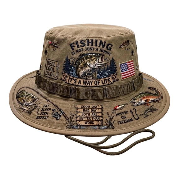 CSStudio Fishing Boonie Hat, Wide Brim Outdoor Sun Hat with Adjustable Chin Strap, Is A Way Of Life Fisherman Bucket Hat for Camping Hiking Beach