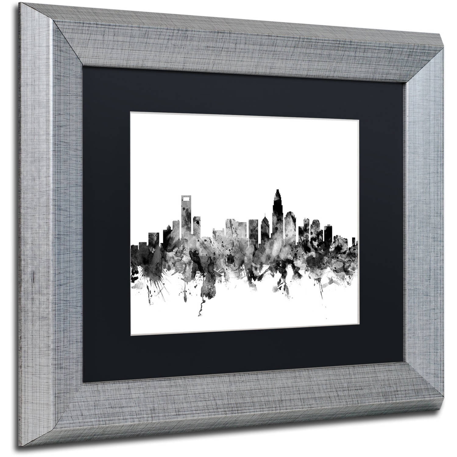 Trademark Fine Art "Charlotte NC Skyline B&W" Canvas Art by Michael Tompsett, Black Matte, Silver Frame