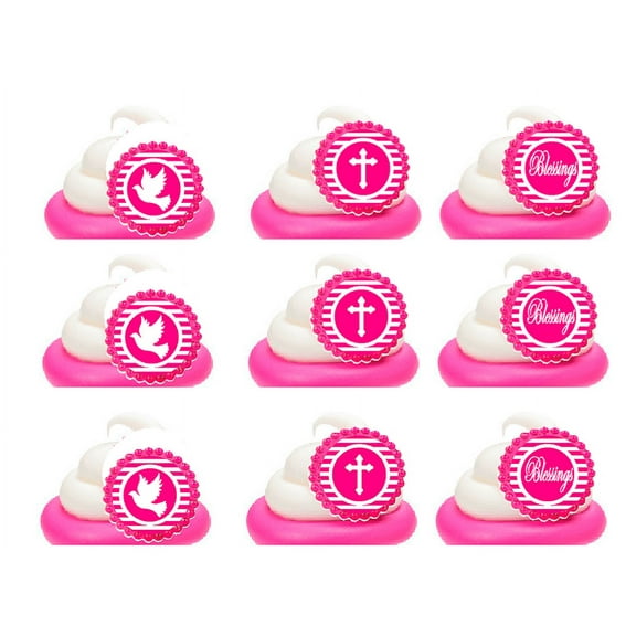 Hot Pink Baptism Christening Religious Easy Toppers Cupcake Decoration Rings -24pk