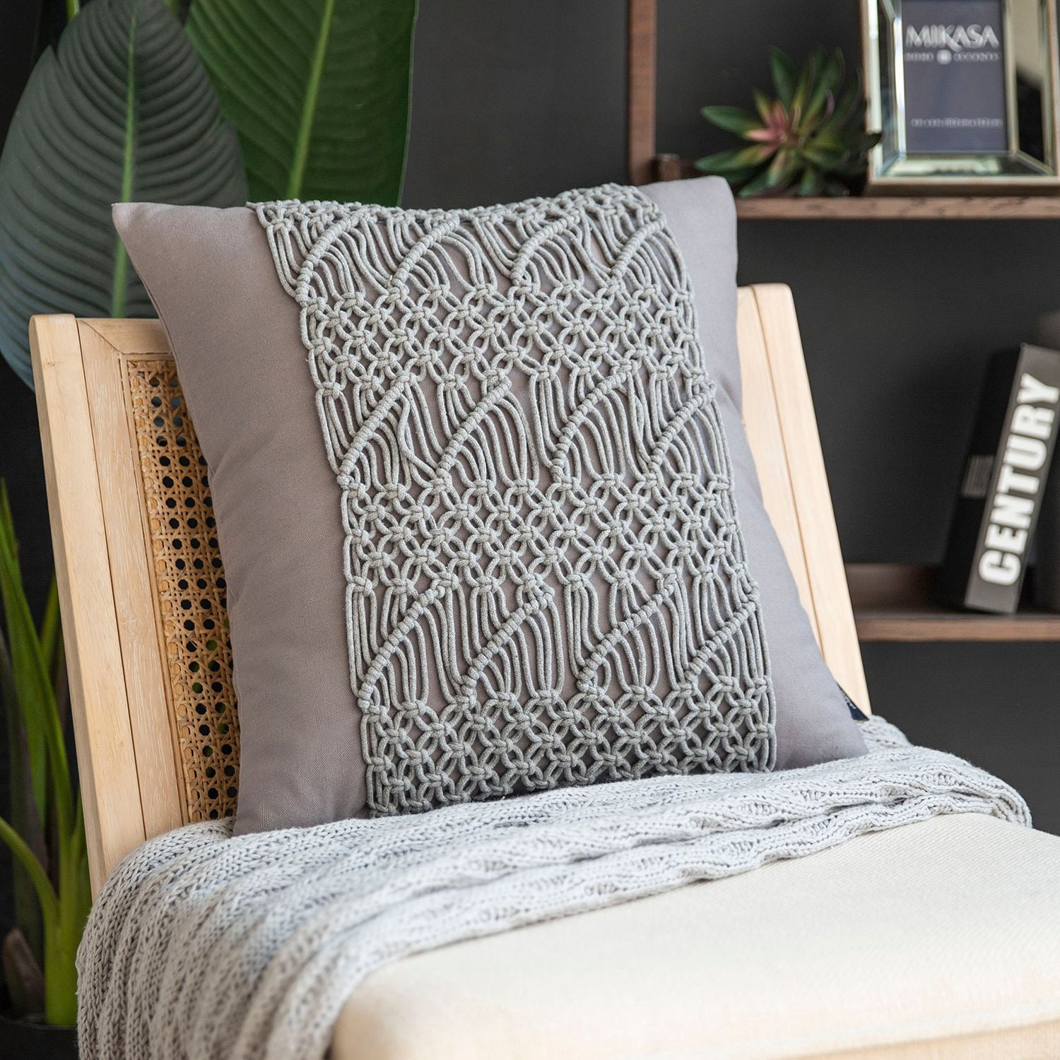 Phantoscope 100% Cotton Handmade Crochet Boho Throw Pillow with Invisible Zipper, 18 x 18 in Square Cushion, Light Gray, 1 Pack