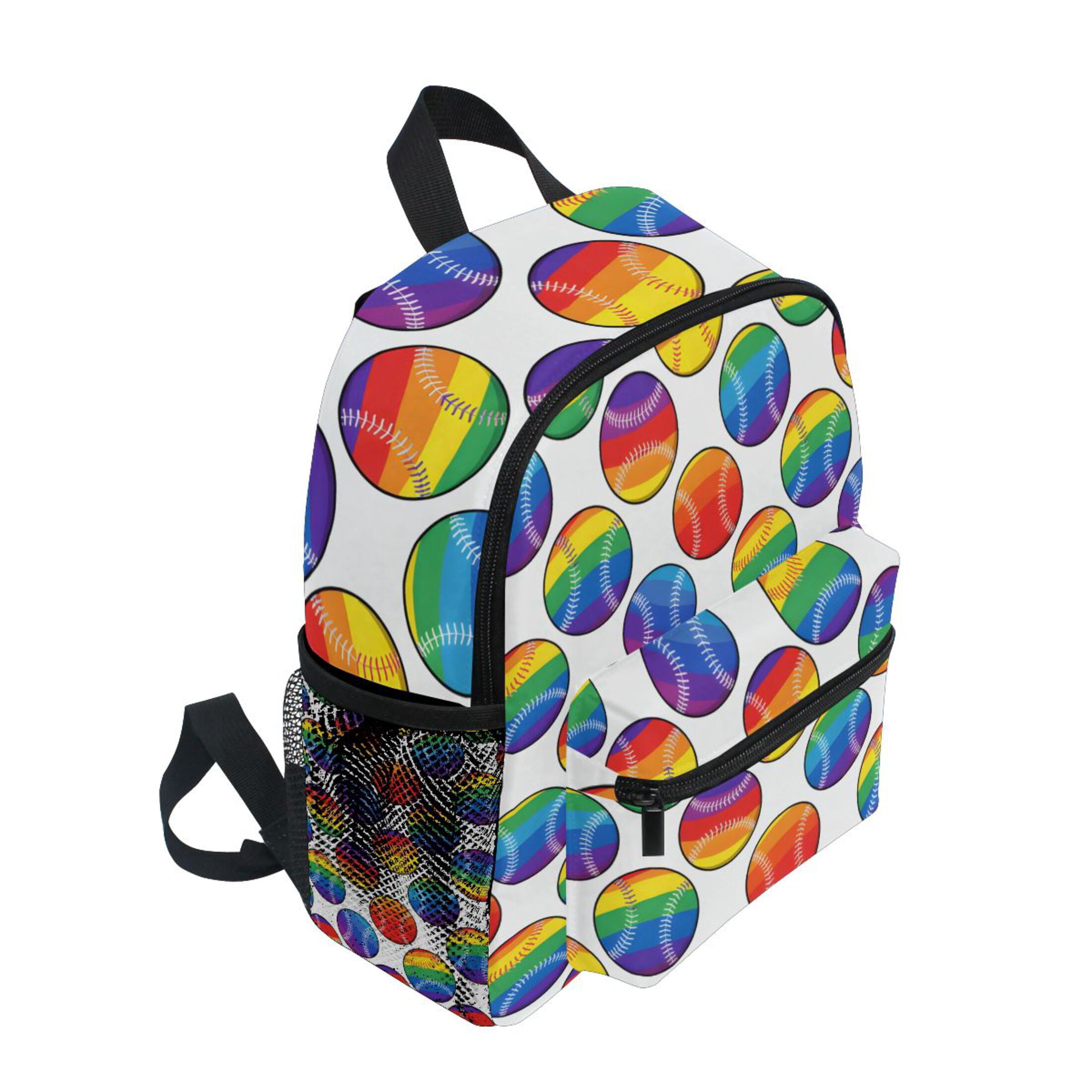 Rainbow Baseball White Background Pattern Mini Backpack Cute Small Backpack with Chest Strap and Whistle Ages 3-8