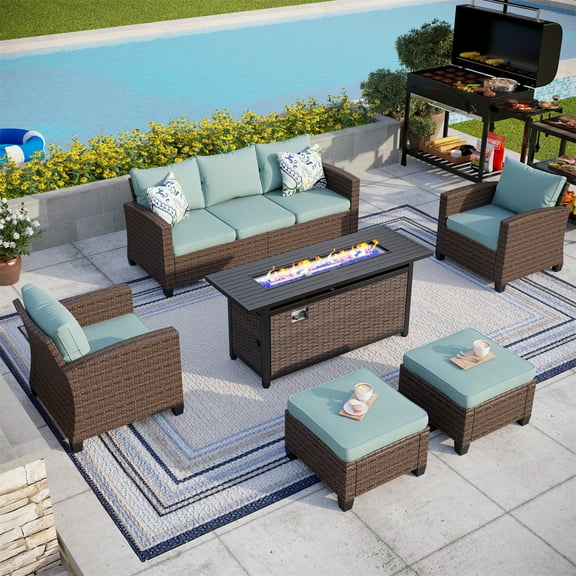 MF Studio 7-Seat Outdoor Patio Furniture Set with Fire Pit Table Wicker Patio Conversation Set Blue