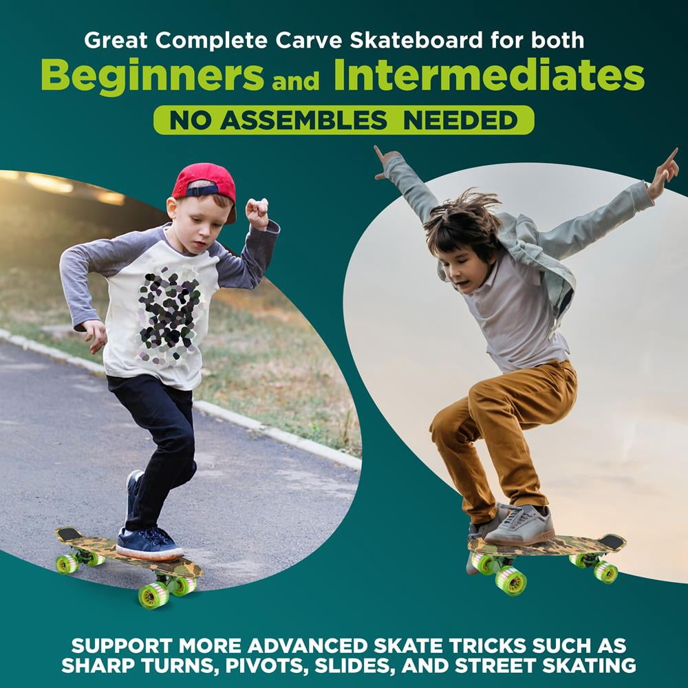 Hurtle Standard Skateboard Mini Cruiser - 6'' PP Deck Complete Double Kick Skate Board w/ 3.25" Aluminum Alloy Truck, PU Wheels w/LED Light - for Kids, Teens, Adults (Camo) with  6.3 weight