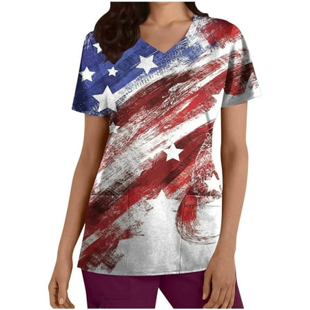 

LSLJS Independence Day Scrubs Top Women s Short Sleeve V-neck Tops Independence Day Print Pockets Blouse Nursing Scrubs on Clearance