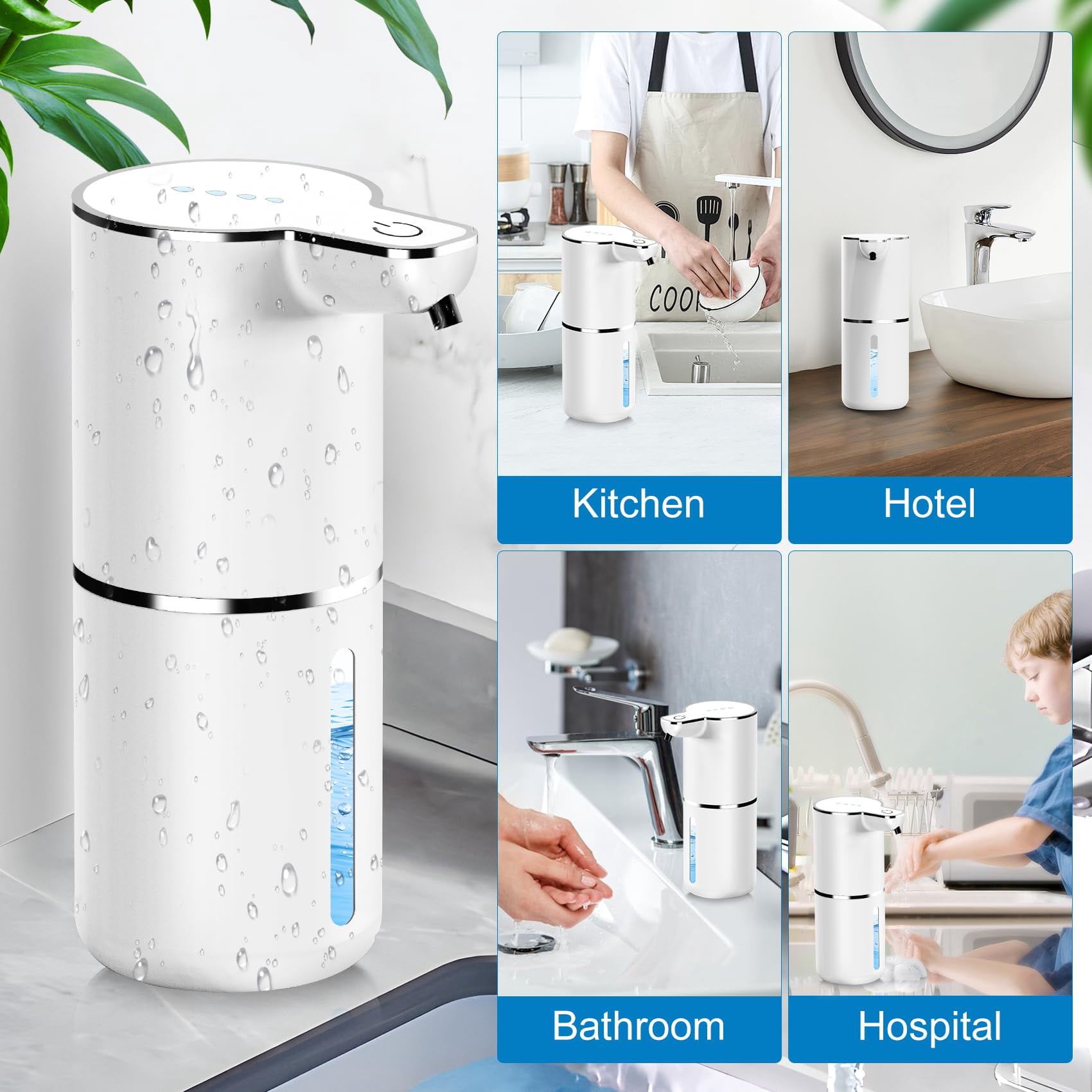 Xl-Kang Automatic Liquid Soap Dispenser, 350ml Wall Mount Touchless Soap Dispenser with Sensor, 4-Level Adjustable, IPX5 Waterproof, USB Rechargeable for Bathroom, Kitchen