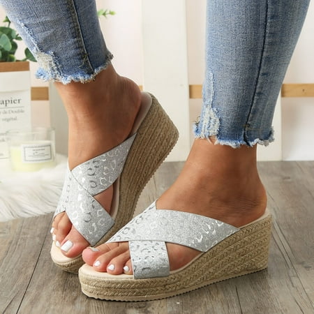 

Cathalem Slippers For Women Ladies Peep Toe Linen Sole Wedge Sandals Rome Shoes Linen Wedge Slip on Shoes for Women Sandals Silver 9
